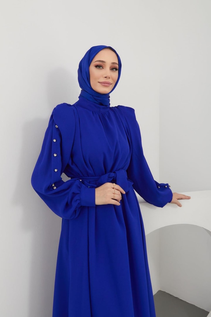 Mishel Omzu Büzgülü Kolu Düğmeli Elbise - saks mavisi