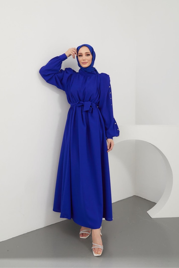 Mishel Omzu Büzgülü Kolu Düğmeli Elbise - saks mavisi