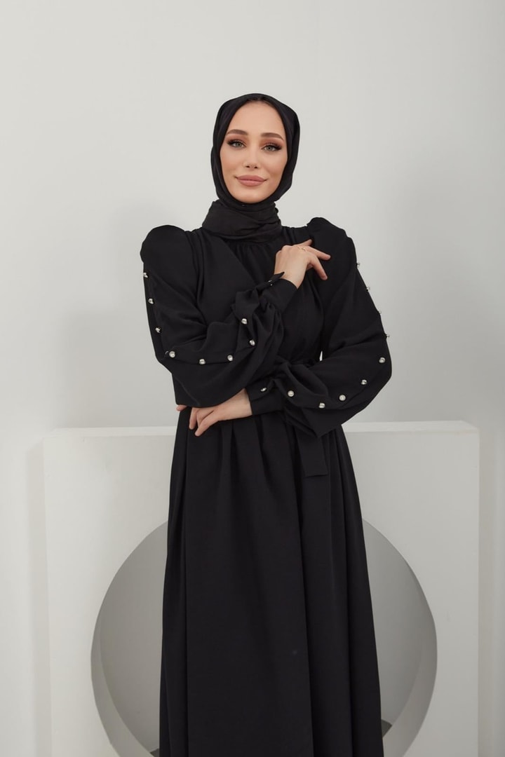 Mishel Omzu Büzgülü Kolu Düğmeli Elbise - Siyah