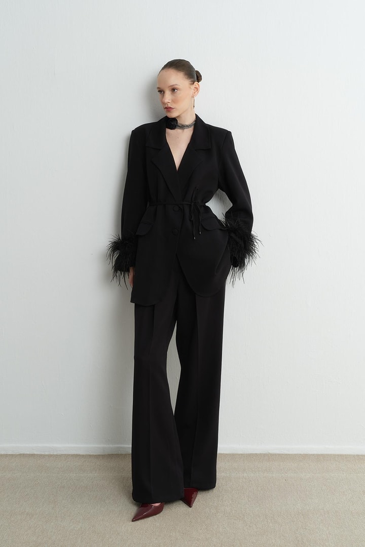Mona Tüylü Blazer Ceket Takım - Siyah
