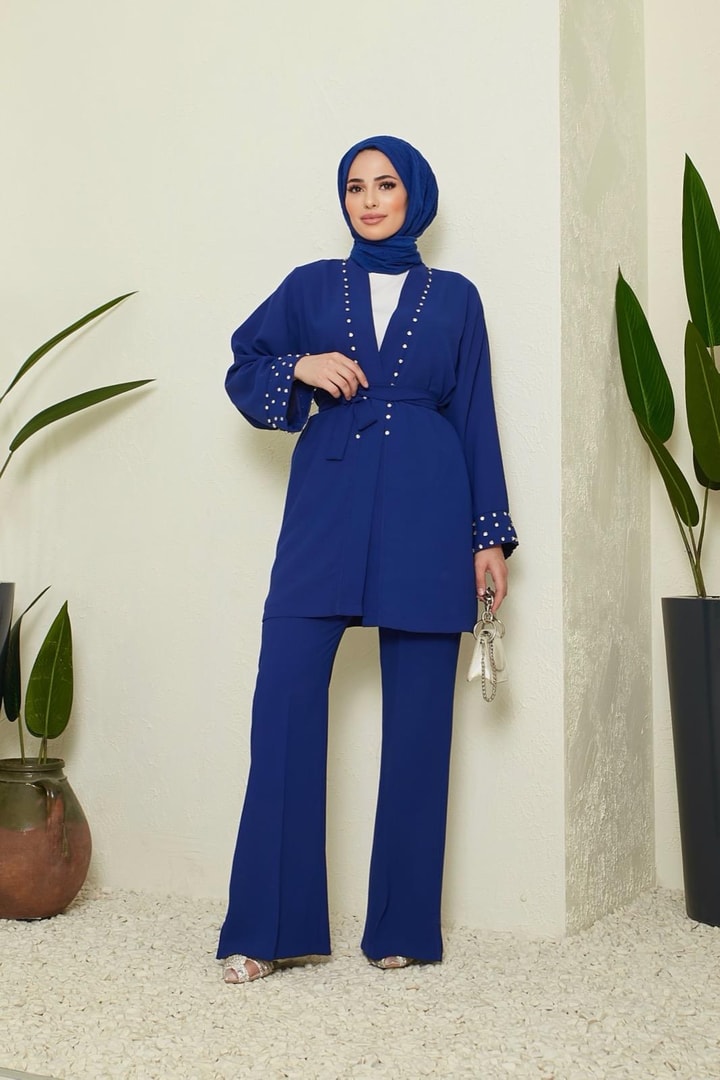Monica İnci Detaylı Krep Takım - saks mavisi