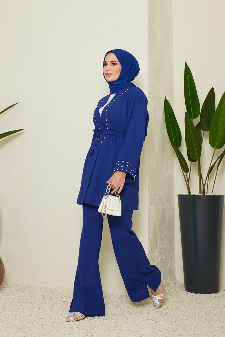 Monica İnci Detaylı Krep Takım - saks mavisi