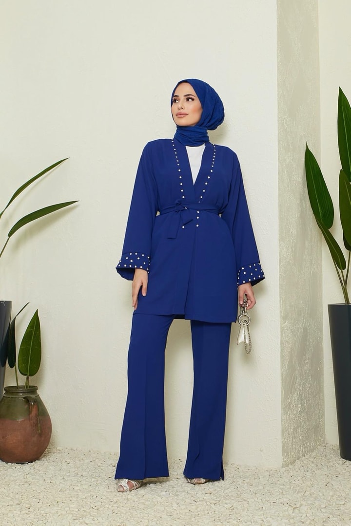 Monica İnci Detaylı Krep Takım - saks mavisi