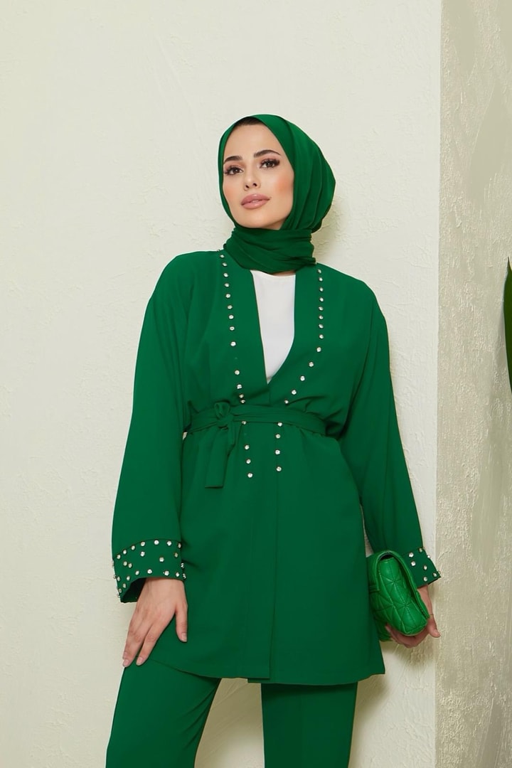 Monica İnci Detaylı Krep Takım - Zümrüt