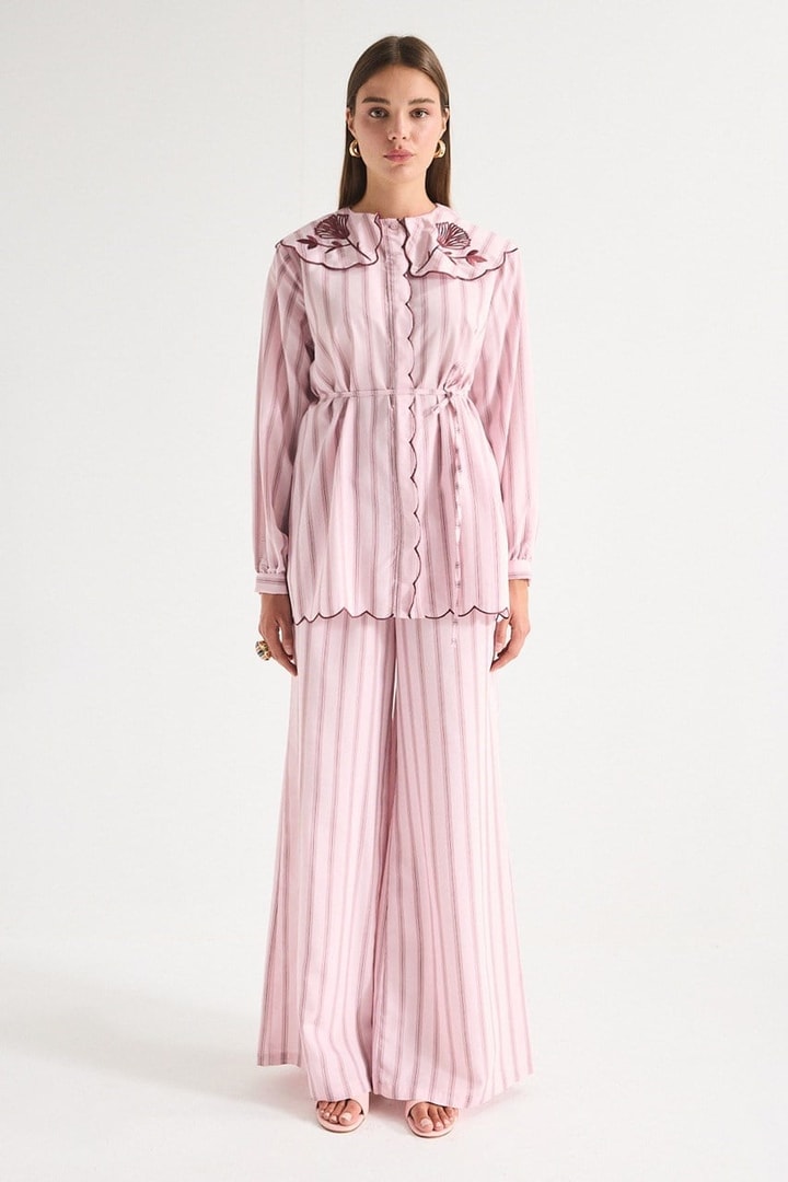 Nakış Detaylı Çizgili Poplin Gömlek - Pembe