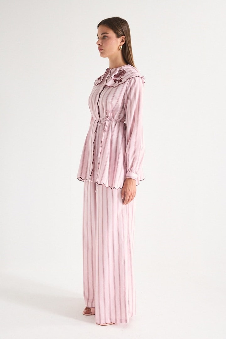 Nakış Detaylı Çizgili Poplin Gömlek - Pembe