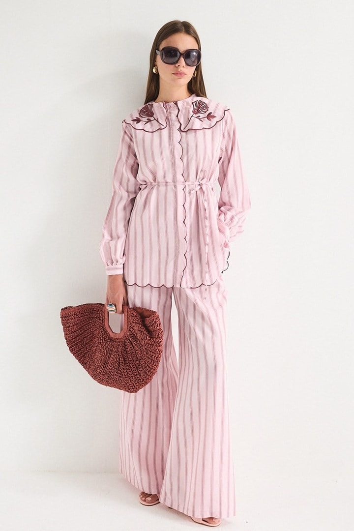 Nakış Detaylı Çizgili Poplin Gömlek - Pembe