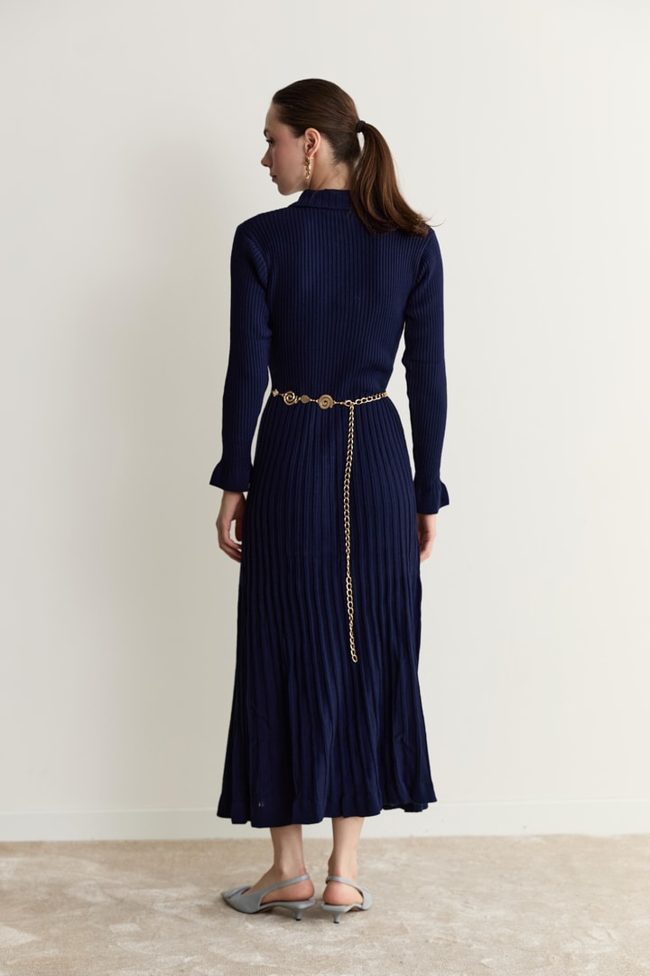 Nellie Gold Düğmeli Kemerli Triko Elbise - Lacivert