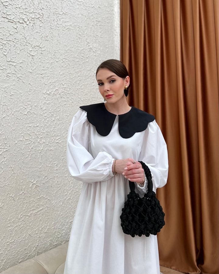 Neor Yakalı Poplin Elbise - Beyaz