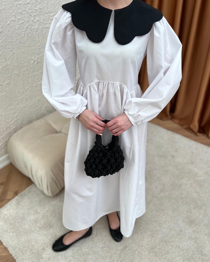 Neor Yakalı Poplin Elbise - Beyaz