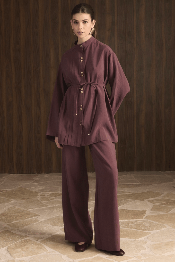 Nervür Detaylı Pantolon Takım - Bordo