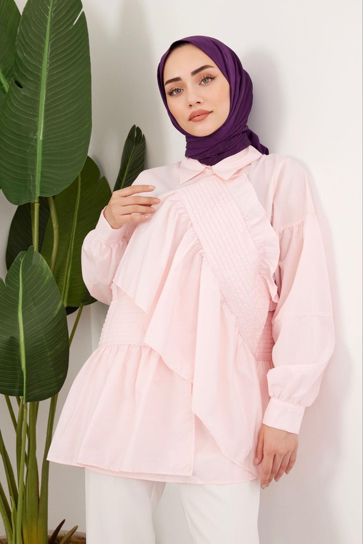 Nervürlü Tasarım Gömlek - Pembe
