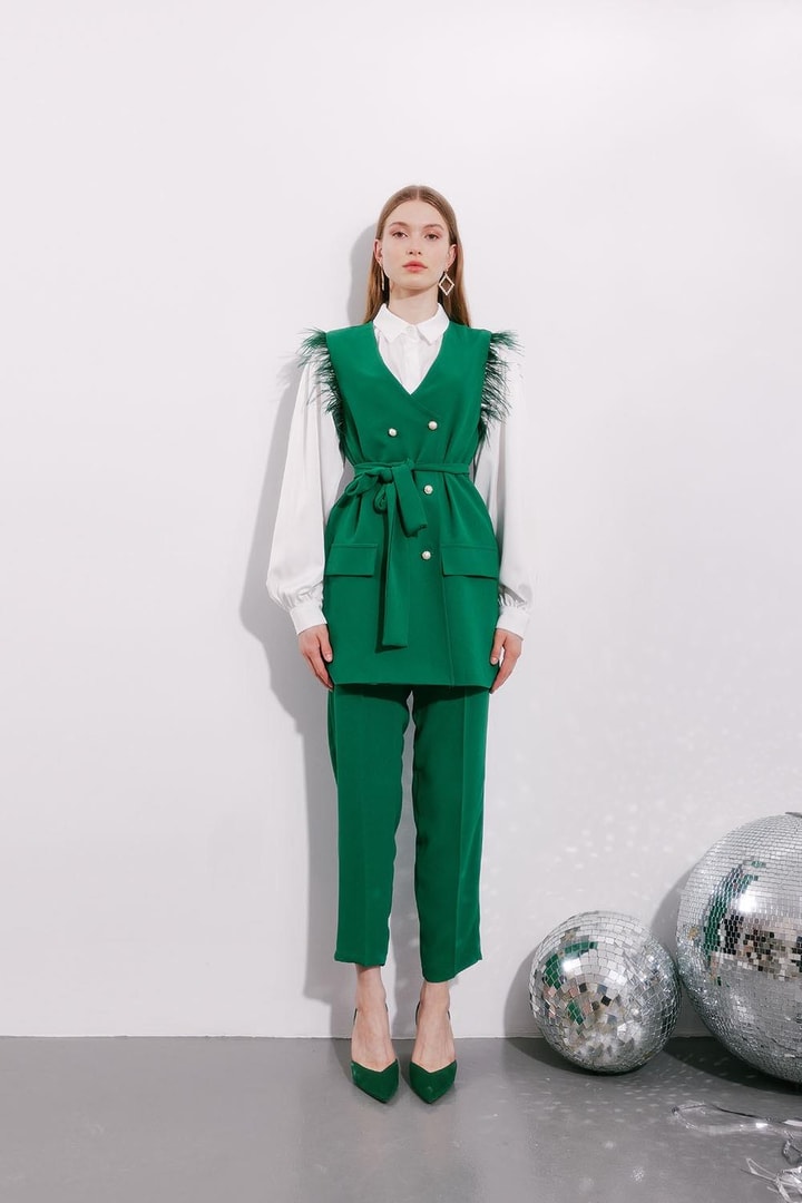 Feather Detailed Vest Suit Green