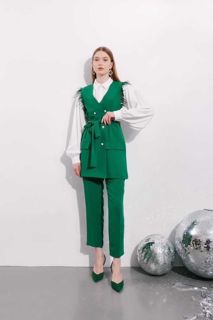 Feather Detailed Vest Suit Green