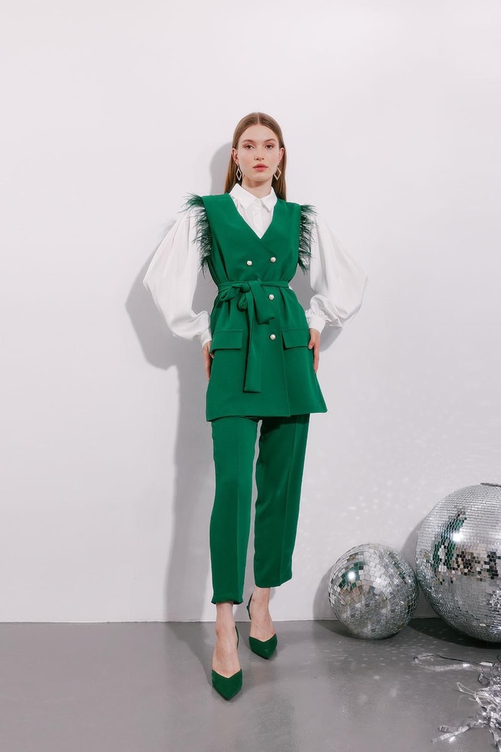 Feather Detailed Vest Suit Green