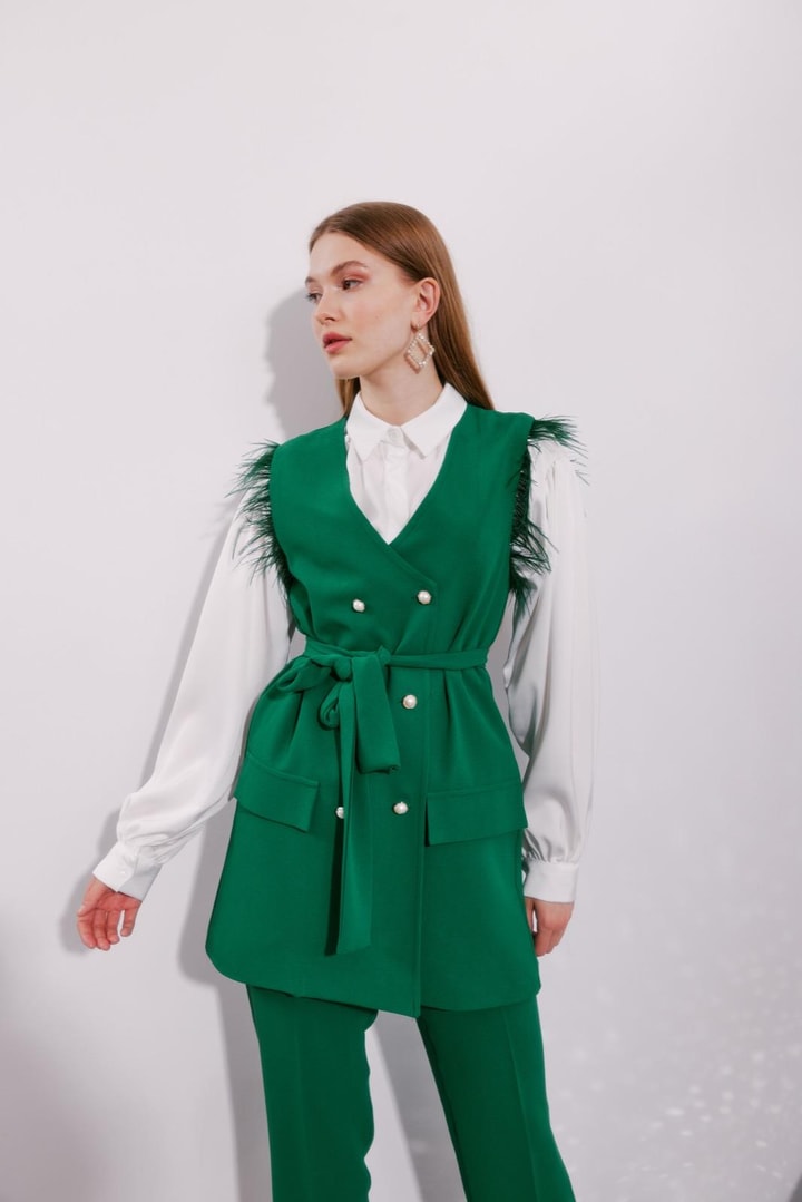 Feather Detailed Vest Suit Green