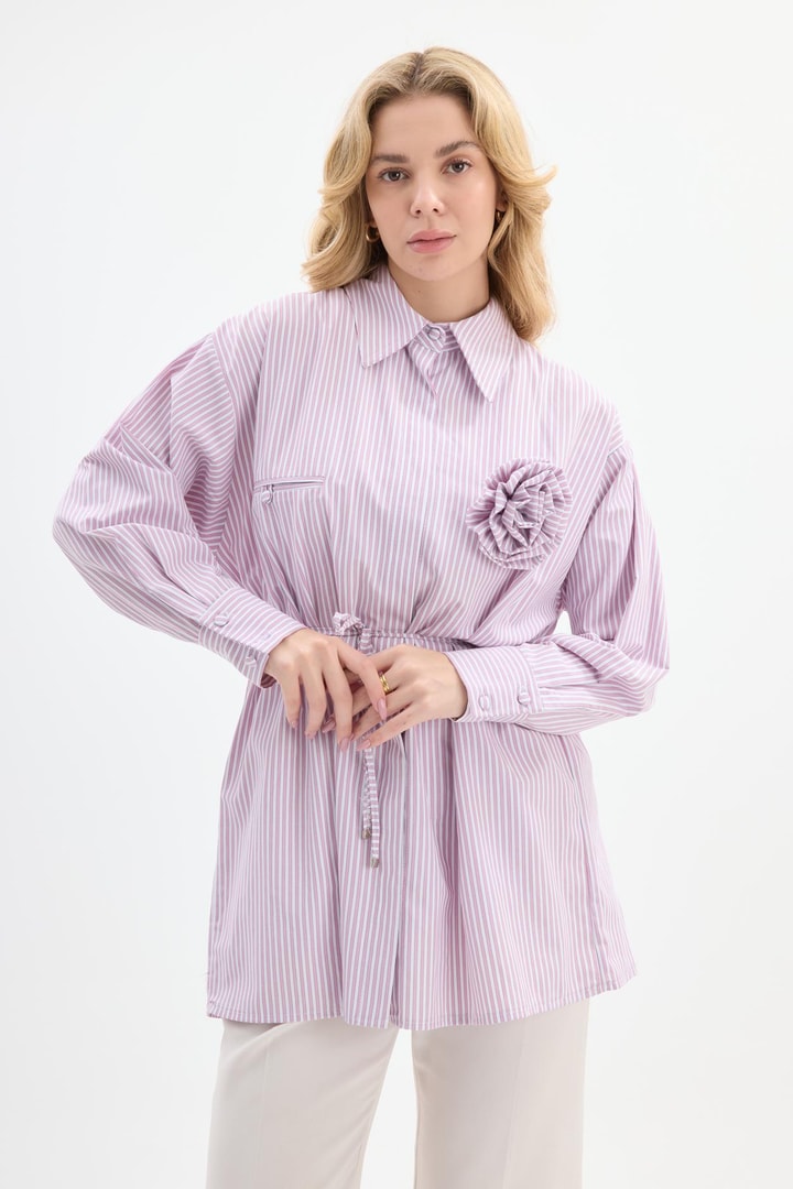 Nicole Aksesuarlı Çizgili Gömlek - Pembe