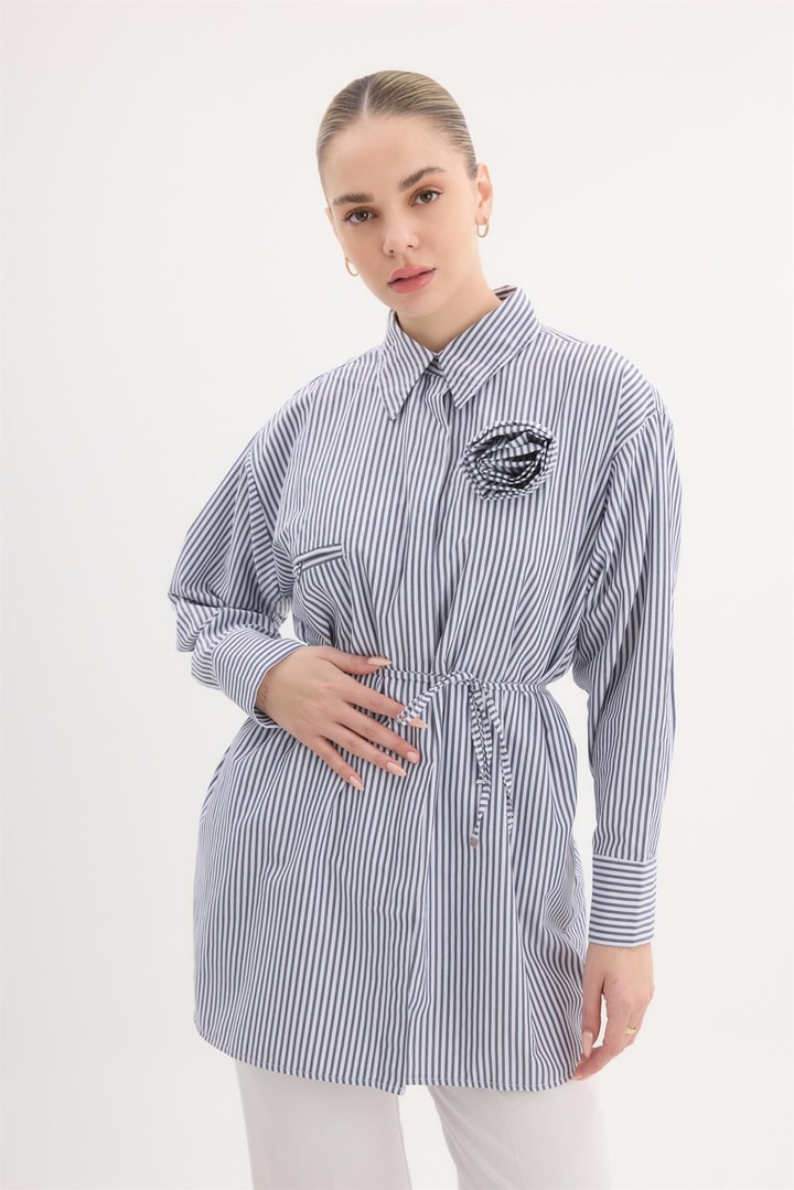 Nicole Aksesuarlı Çizgili Gömlek - Siyah