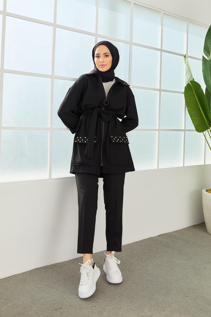 Nolia Fermuarlı Taş Detaylı Spor Takım - Siyah