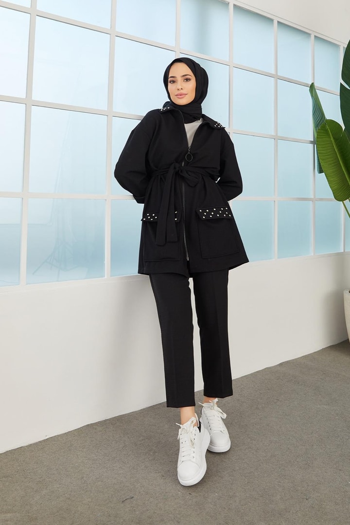 Nolia Fermuarlı Taş Detaylı Spor Takım - Siyah