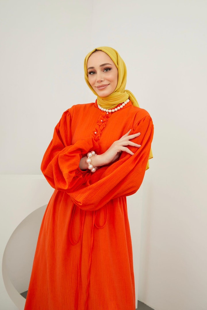 Nona İnci Düğme Detaylı Elbise - Oranj