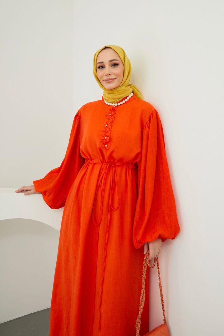 Nona İnci Düğme Detaylı Elbise - Oranj