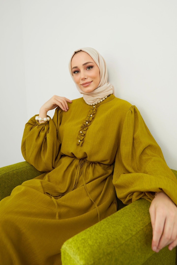 Nona İnci Düğme Detaylı Elbise - Yağ Yeşili