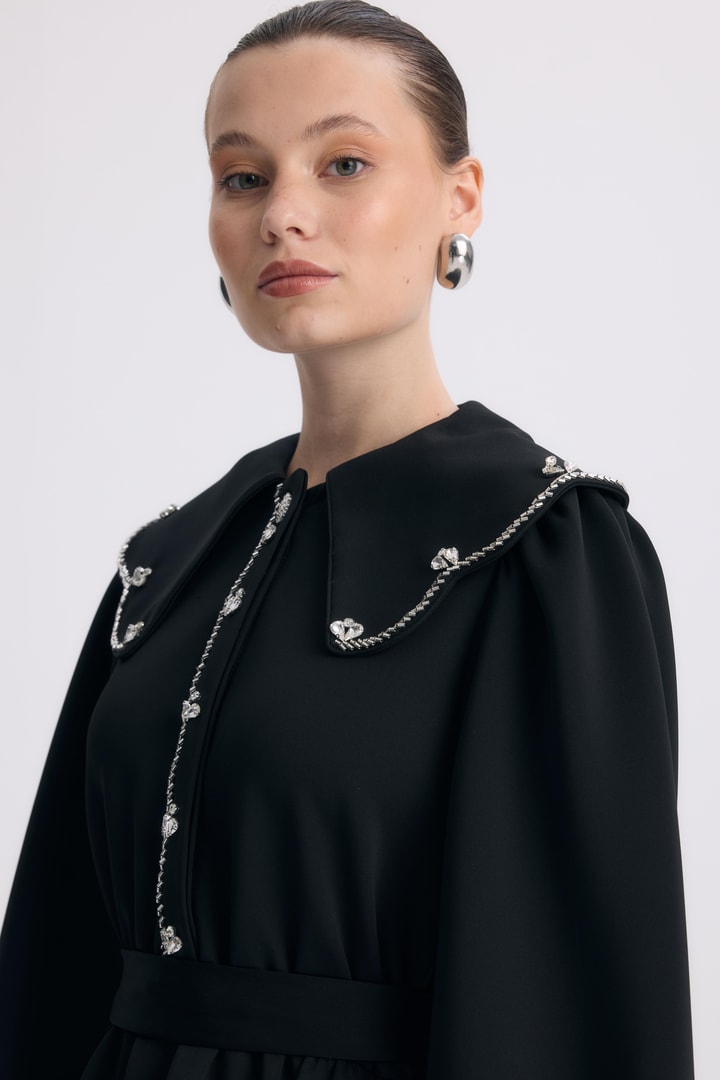 Nora Yakalı İşleme Detay Elbise - Siyah