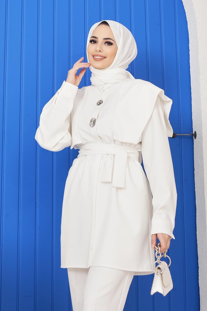Nossana Taşlı Pelerinli Takım - Ekru