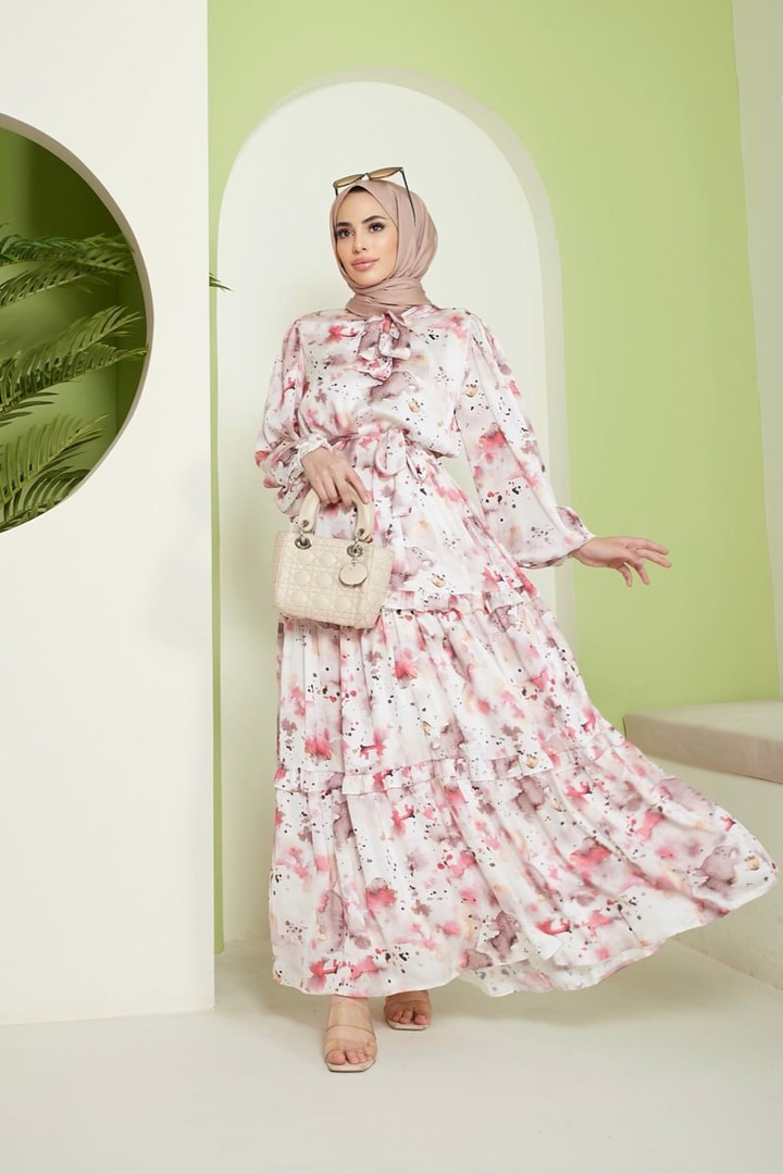 Nossi Saten Desenli Elbise - Somon