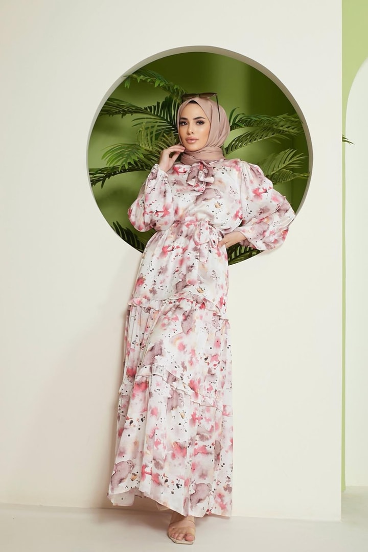 Nossi Saten Desenli Elbise - Somon