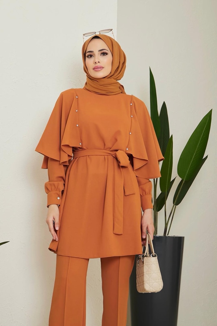 Nova Pelerinli Taş Detaylı Krep Takım - Oranj