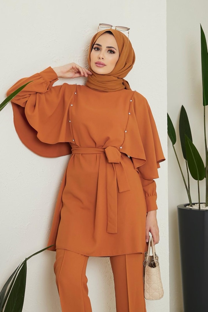 Nova Pelerinli Taş Detaylı Krep Takım - Oranj