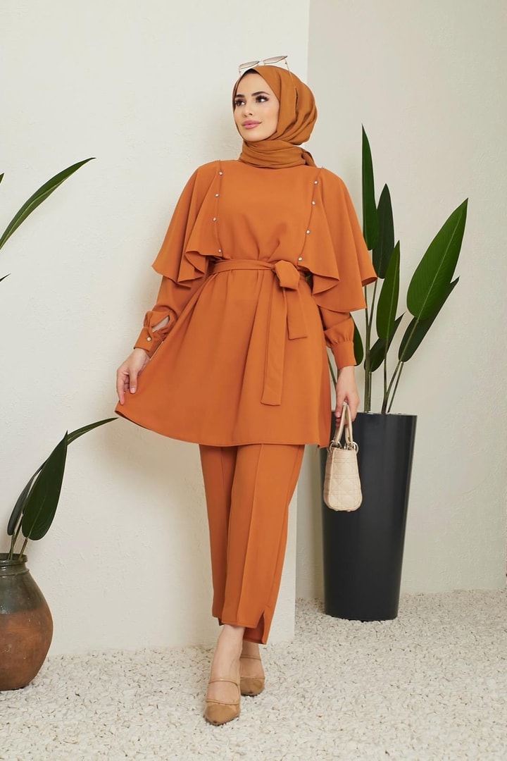 Nova Pelerinli Taş Detaylı Krep Takım - Oranj