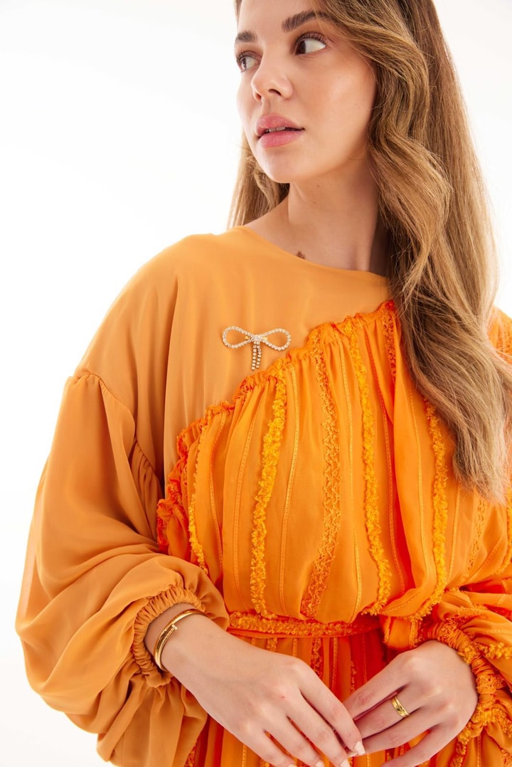 Nucke Şifon Detaylı Elbise - Orange