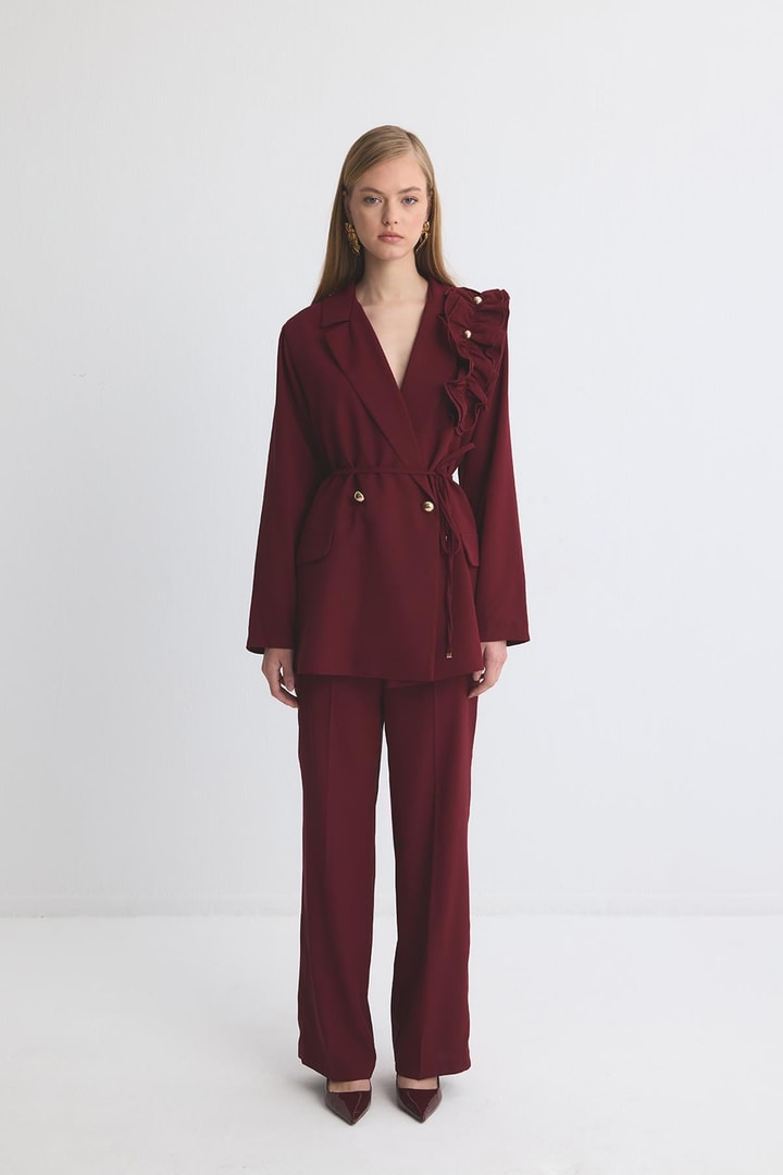 Olia Fırfır Detaylı Blazer Ceket Takım - Bordo