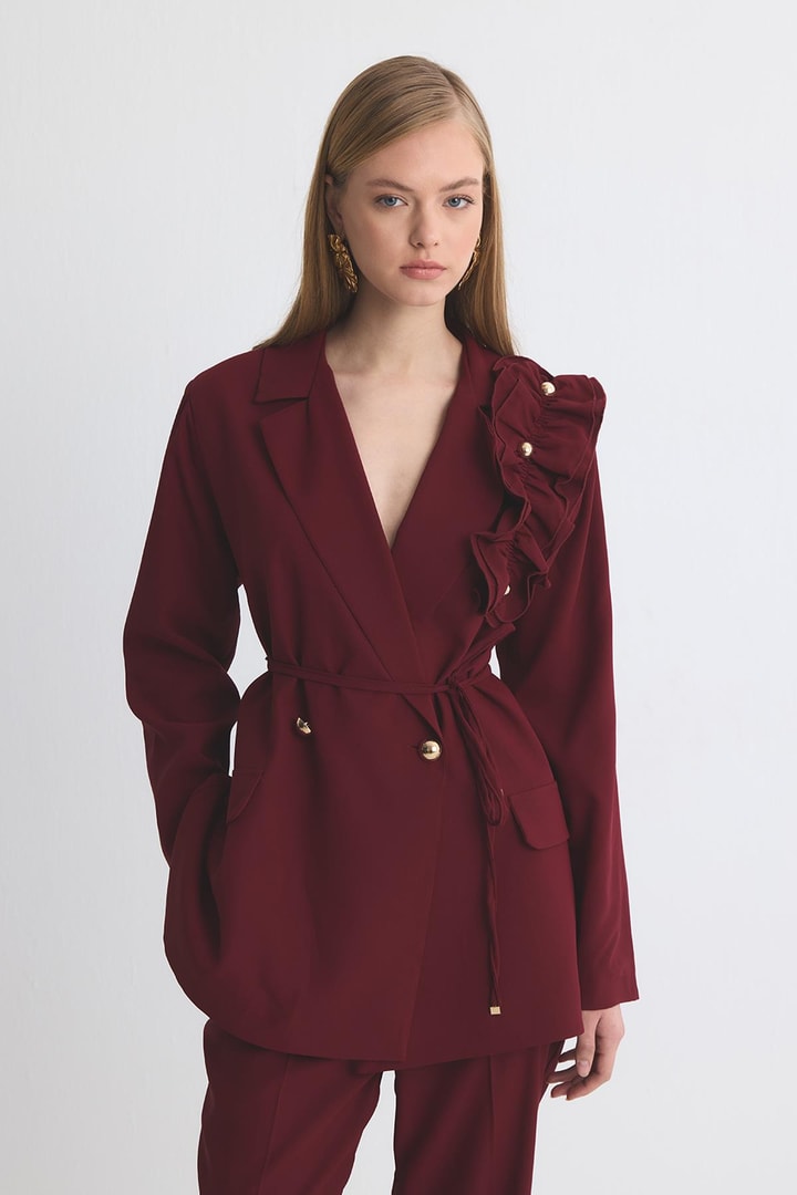 Olia Fırfır Detaylı Blazer Ceket Takım - Bordo