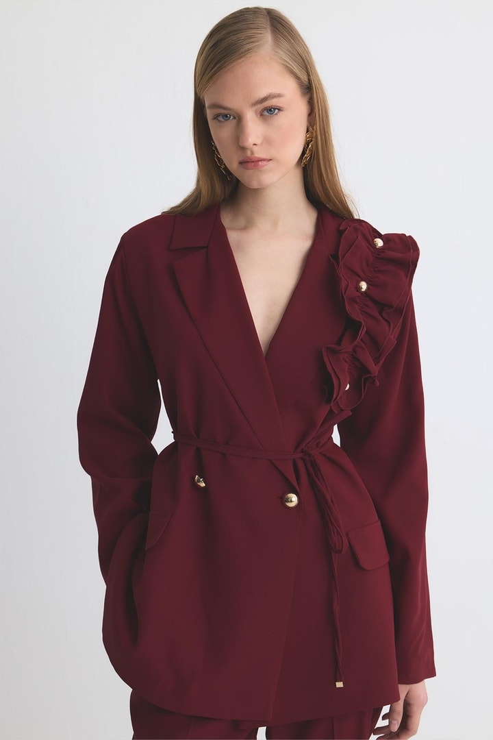 Olia Fırfır Detaylı Blazer Ceket Takım - Bordo