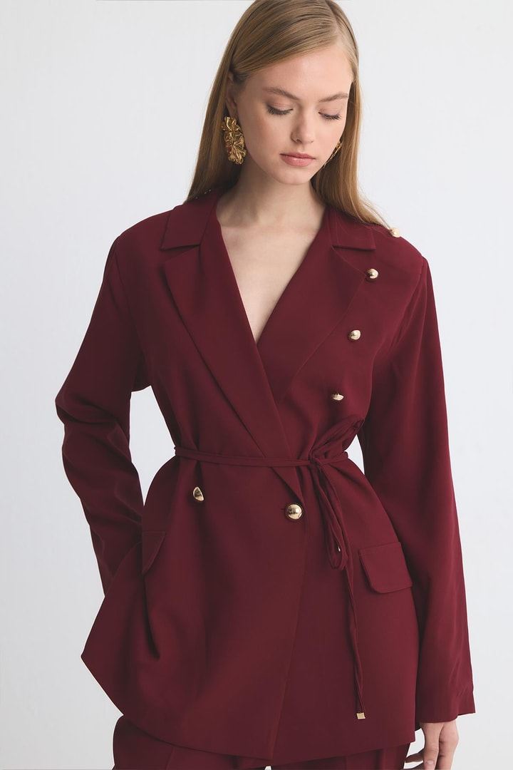 Olia Fırfır Detaylı Blazer Ceket Takım - Bordo