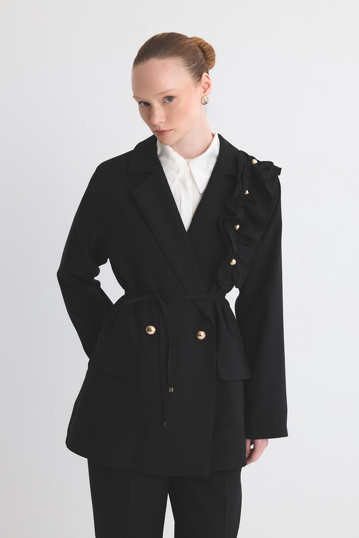 Olia Fırfır Detaylı Blazer Ceket Takım - Siyah