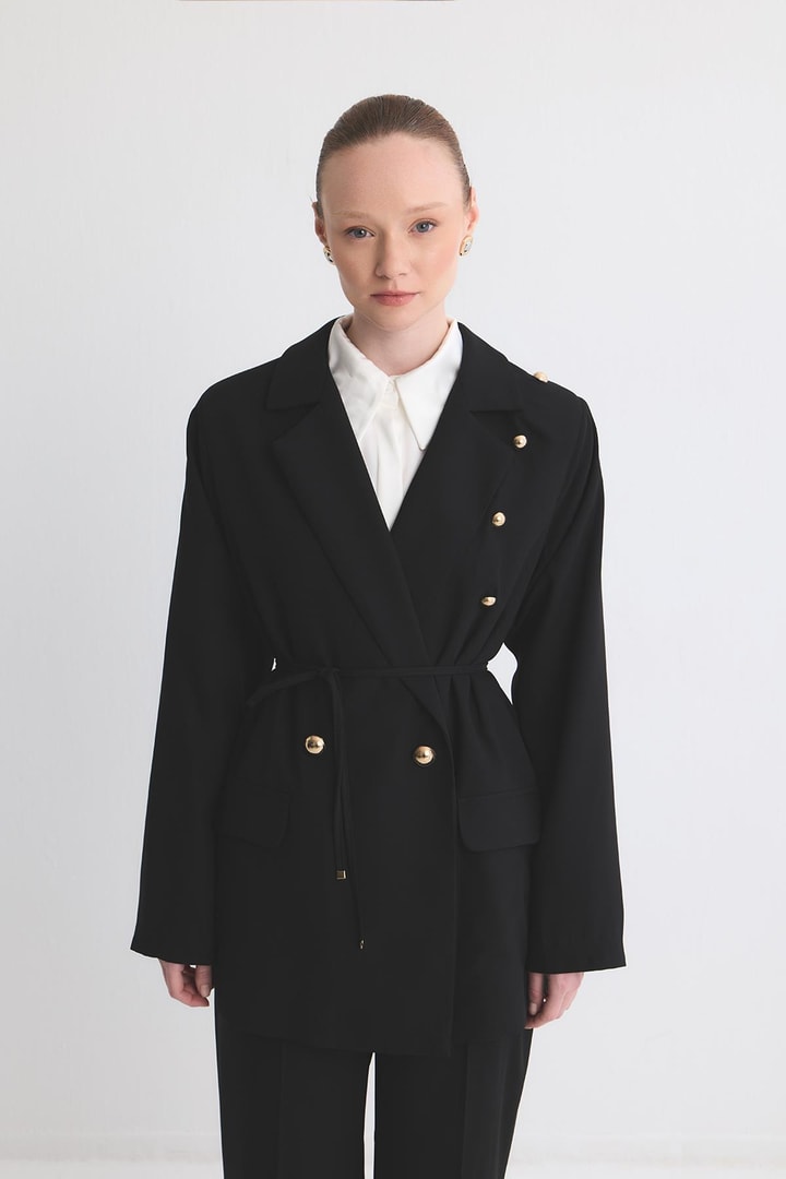 Olia Fırfır Detaylı Blazer Ceket Takım - Siyah
