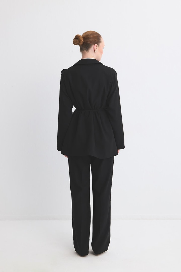 Olia Fırfır Detaylı Blazer Ceket Takım - Siyah