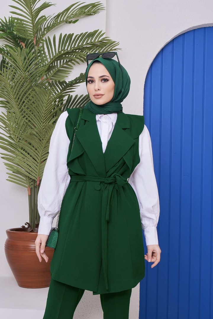Olivia Fırfırlı Krep Yelek Takım - Zümrüt