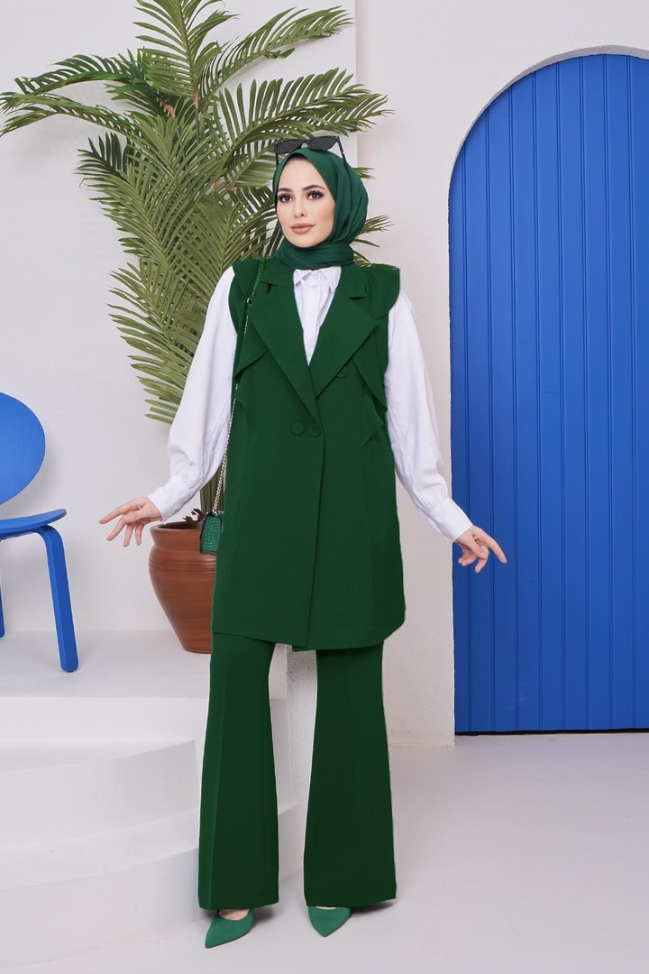 Olivia Fırfırlı Krep Yelek Takım - Zümrüt