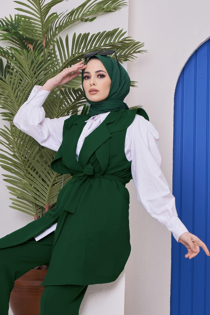 Olivia Fırfırlı Krep Yelek Takım - Zümrüt