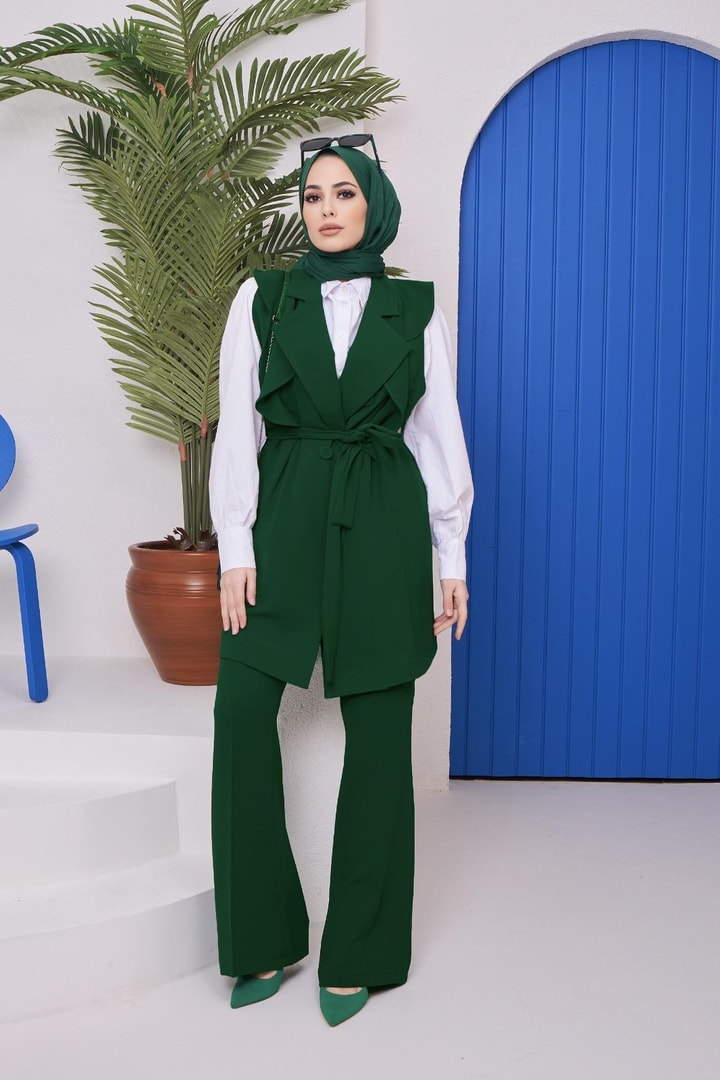 Olivia Fırfırlı Krep Yelek Takım - Zümrüt