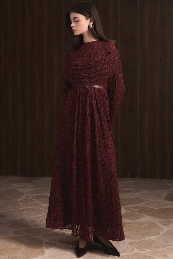 Omuz Volanlı Dantel Tül Elbise - Bordo