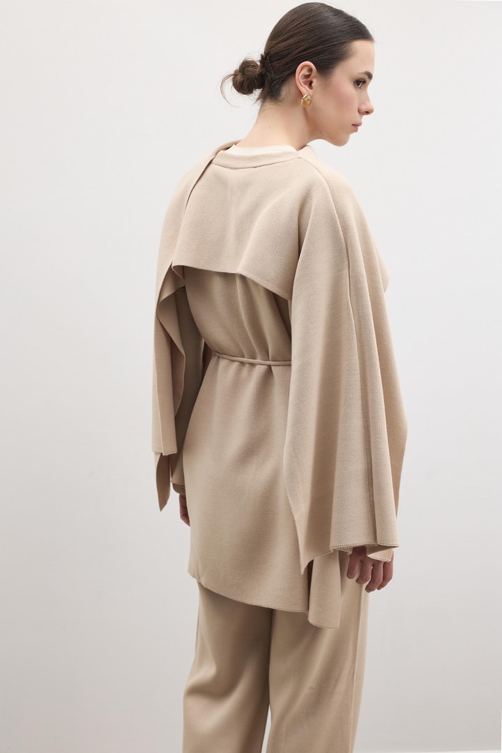 Omuzdan Şallı Triko Pantolon Takım - Camel