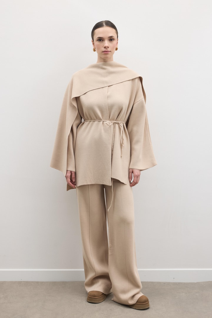 Omuzdan Şallı Triko Pantolon Takım - Camel