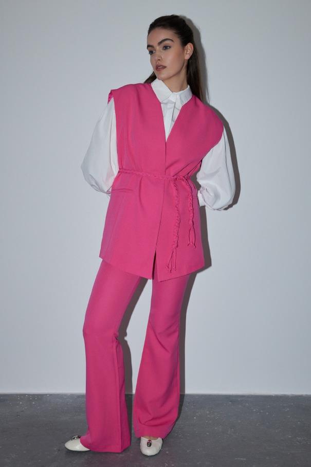 Örgü Kemerli Pantolon Takım - Pembe